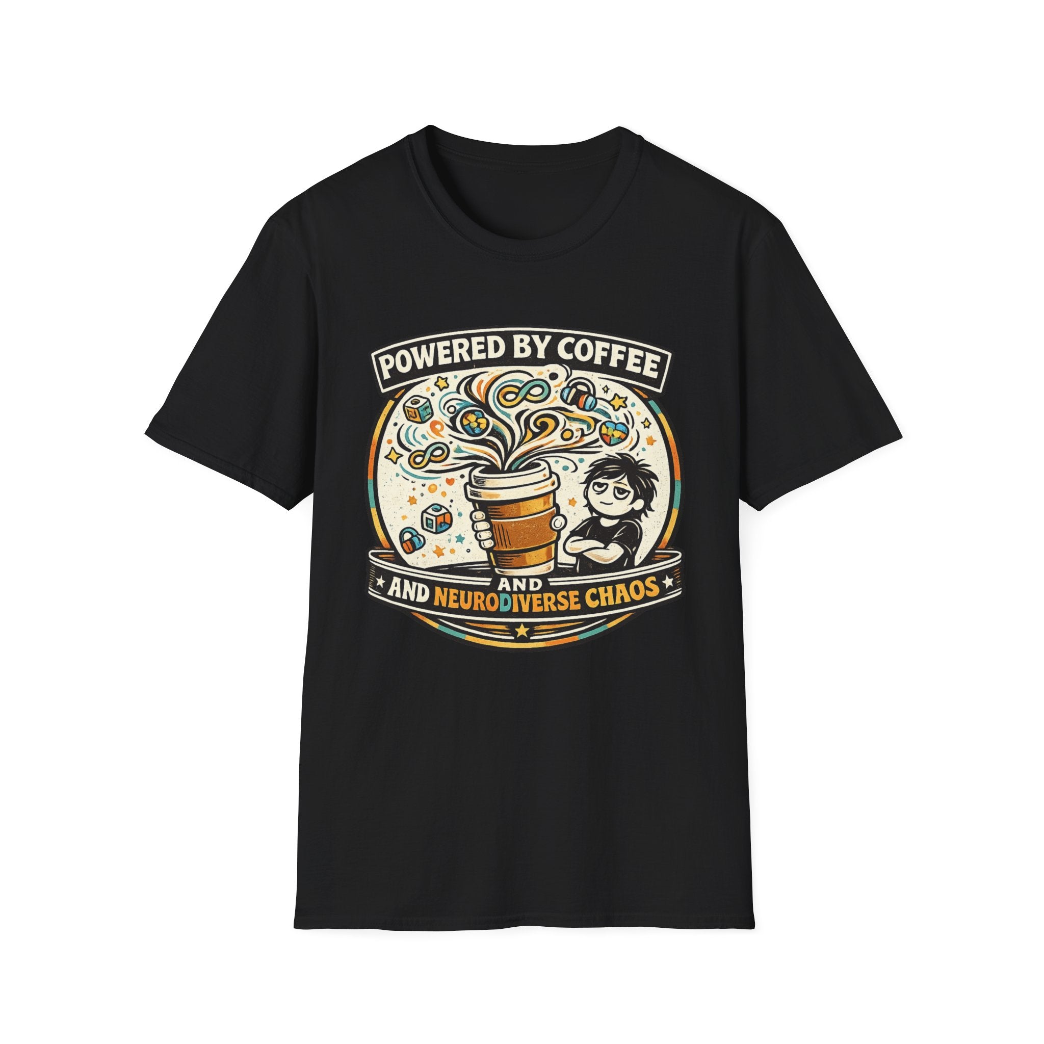 Powered by Coffee and Neurodiverse Chaos Parent T-Shirt