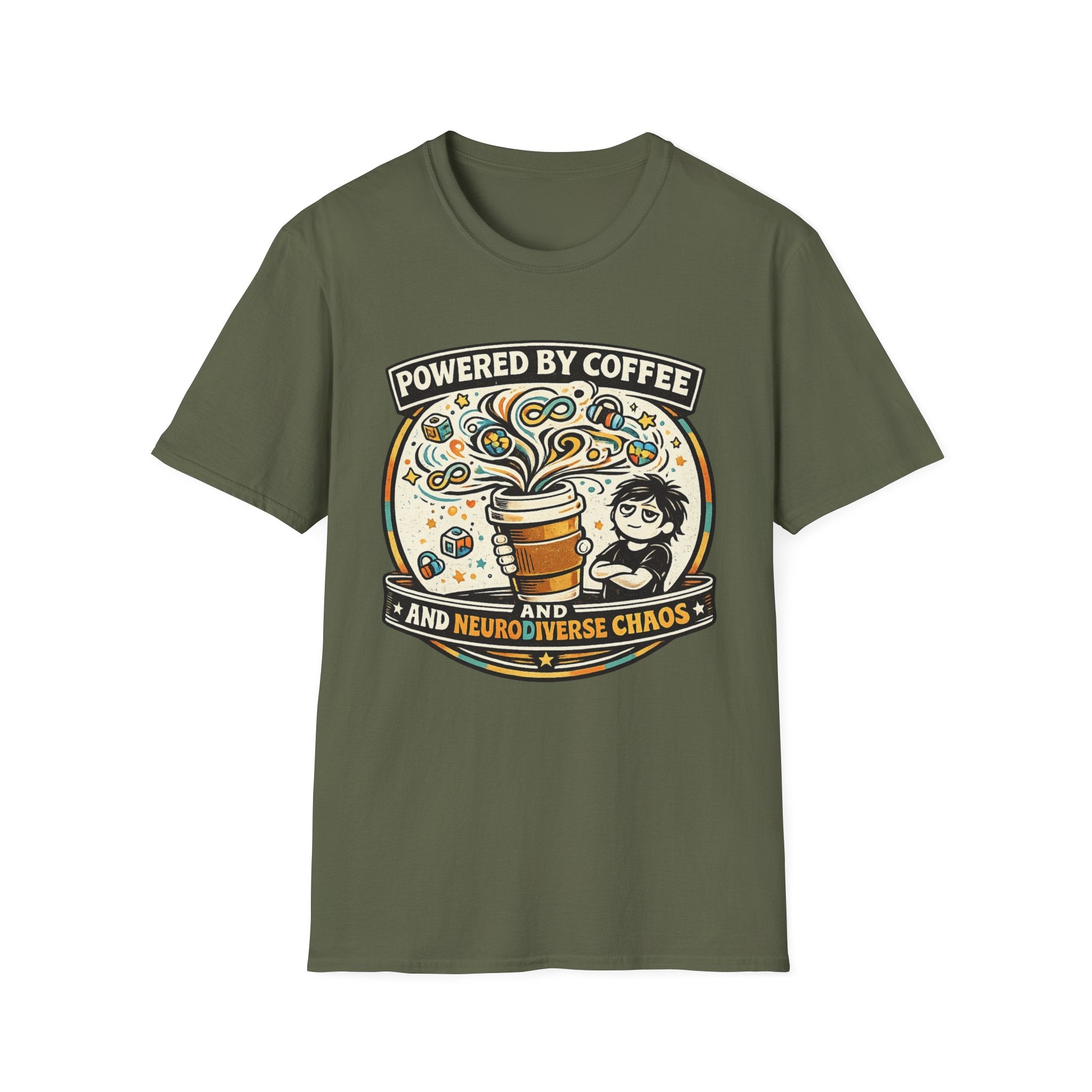 Powered by Coffee and Neurodiverse Chaos Parent T-Shirt